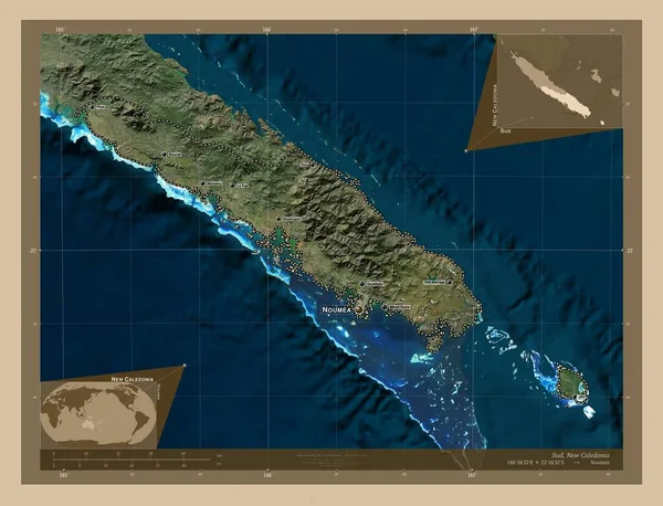 新喀里多尼亚省 低分辨率卫星地图 该区域主要城市的地点和名称 角辅助位置图 — 图库照片