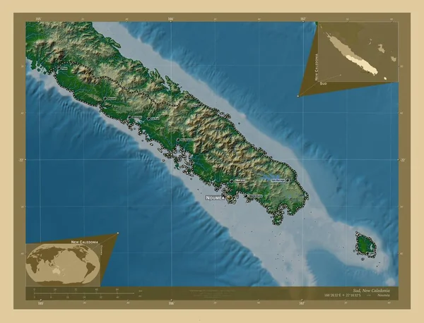 Суд Провінція Нова Каледонія Кольорові Карти Висот Озерами Річками Місця — стокове фото