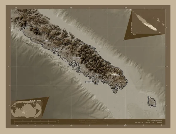 Sud Provincie Nová Kaledonie Zdvihová Mapa Zbarvená Sépiovými Tóny Jezery — Stock fotografie