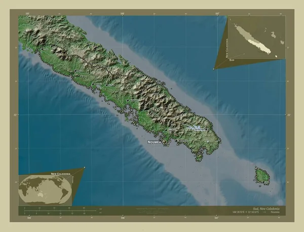 新喀里多尼亚省 用Wiki风格绘制的带有湖泊和河流的高程地图 该区域主要城市的地点和名称 角辅助位置图 — 图库照片