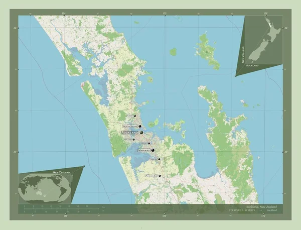 オークランド ニュージーランドの地域評議会 ストリートマップを開く 地域の主要都市の位置と名前 コーナー補助位置図 — ストック写真