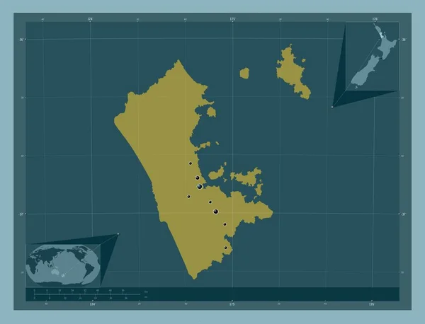 オークランド ニュージーランドの地域評議会 しっかりした色の形 地域の主要都市の場所 コーナー補助位置図 — ストック写真
