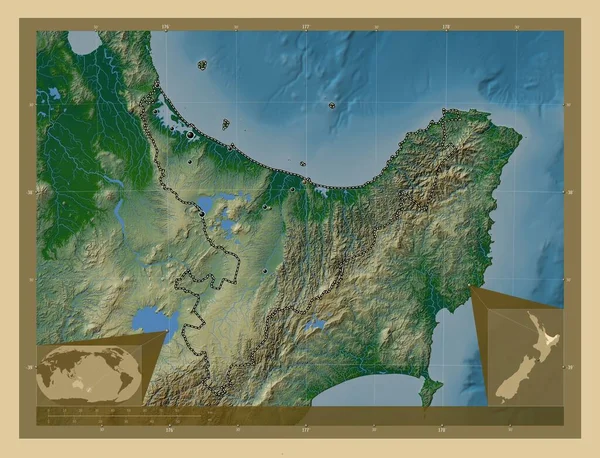 丰塞湾 新西兰区域委员会 有湖泊和河流的彩色高程图 该区域主要城市的所在地点 角辅助位置图 — 图库照片