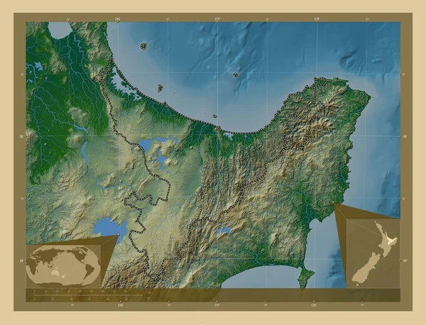 Bay Plenty Regionalna Rada Nowej Zelandii Kolorowa Mapa Wzniesień Jeziorami — Zdjęcie stockowe