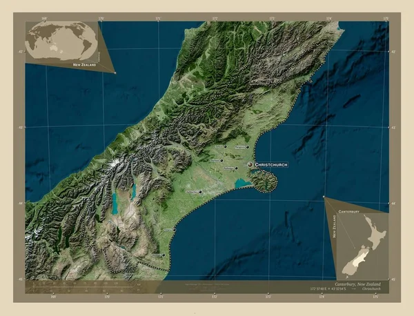 ニュージーランド地方評議会のカンタベリー 高解像度衛星地図 地域の主要都市の位置と名前 コーナー補助位置図 — ストック写真