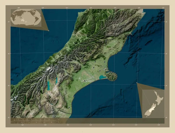 Καντέρμπουρι Περιφερειακό Συμβούλιο Νέας Ζηλανδίας Υψηλής Ανάλυσης Δορυφορικός Χάρτης Τοποθεσίες — Φωτογραφία Αρχείου
