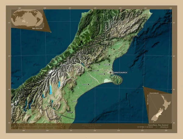 坎特伯雷 新西兰区域委员会 低分辨率卫星地图 该区域主要城市的地点和名称 角辅助位置图 — 图库照片