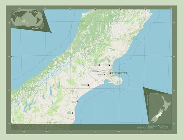 坎特伯雷 新西兰区域委员会 开放街道地图 该区域主要城市的地点和名称 角辅助位置图 — 图库照片