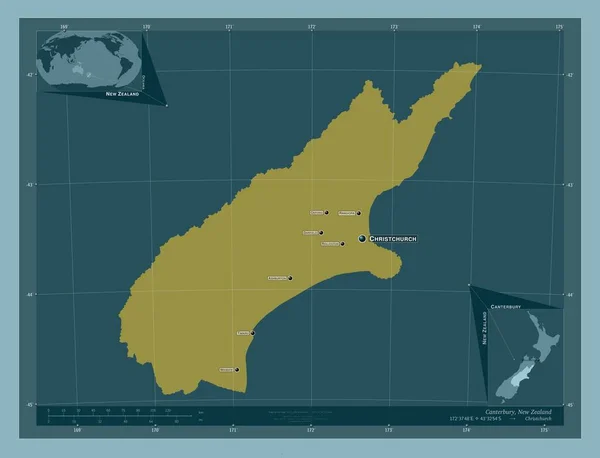 ニュージーランド地方評議会のカンタベリー しっかりした色の形 地域の主要都市の位置と名前 コーナー補助位置図 — ストック写真