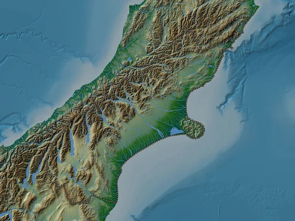 Canterbury Regionfullmäktige Nya Zeeland Färgad Höjdkarta Med Sjöar Och Floder — Stockfoto
