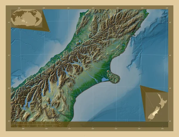 Καντέρμπουρι Περιφερειακό Συμβούλιο Νέας Ζηλανδίας Χρωματιστός Υψομετρικός Χάρτης Λίμνες Και — Φωτογραφία Αρχείου