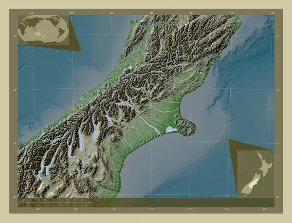 Canterbury Regionální Rada Nového Zélandu Zdvihová Mapa Zbarvená Stylu Wiki — Stock fotografie