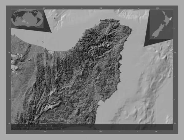 ギズボーン ニュージーランドの地方議会 湖や川と二階の標高マップ 地域の主要都市の場所 コーナー補助位置図 — ストック写真