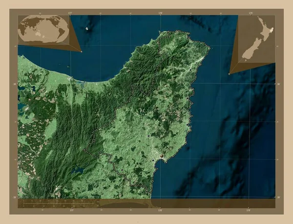 ギズボーン ニュージーランドの地方議会 低解像度衛星地図 地域の主要都市の場所 コーナー補助位置図 — ストック写真