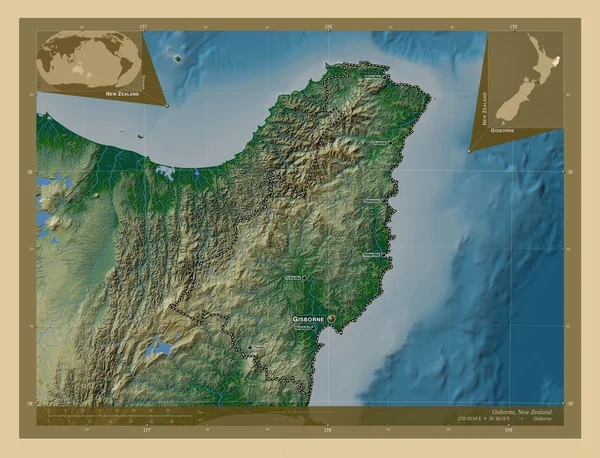 Gisborne Consejo Regional Nueva Zelanda Mapa Elevación Colores Con Lagos — Foto de Stock