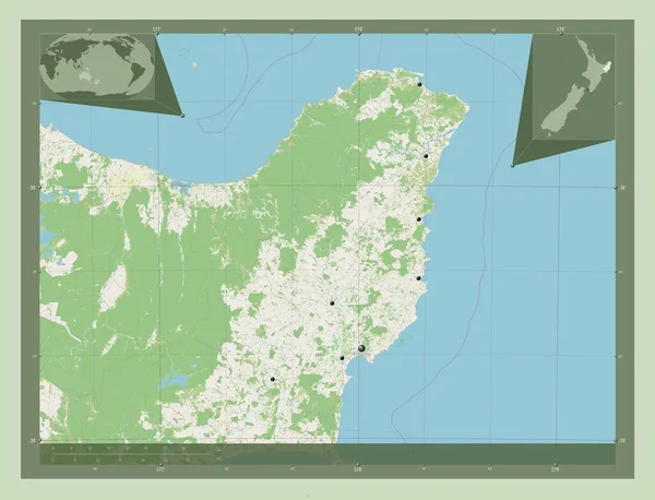 ギズボーン ニュージーランドの地方議会 ストリートマップを開く 地域の主要都市の場所 コーナー補助位置図 — ストック写真