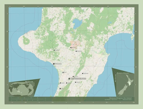 Manawatu Wanganui 新西兰区域理事会 开放街道地图 该区域主要城市的地点和名称 角辅助位置图 — 图库照片