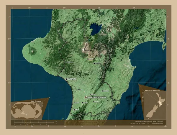 Manawatu Wanganui 新西兰区域理事会 低分辨率卫星地图 该区域主要城市的地点和名称 角辅助位置图 — 图库照片