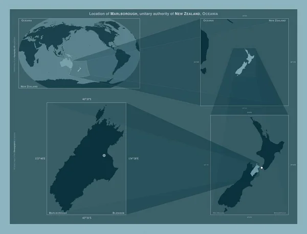 말버러 Marlborough 뉴질랜드의 도표는 규모의 지도에서 지역의 위치를 줍니다 프레임 — 스톡 사진
