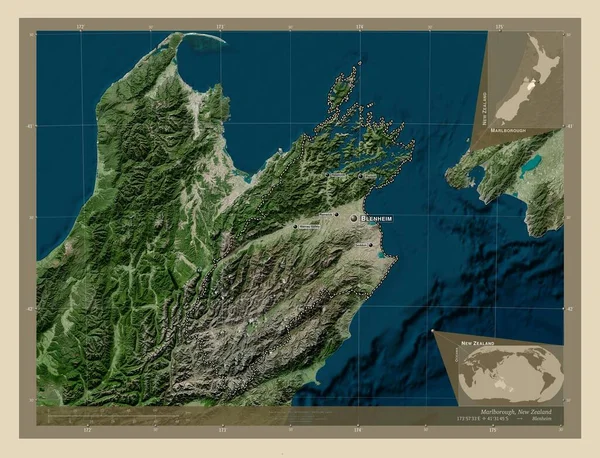 马尔博罗 新西兰的单一政权 高分辨率卫星地图 该区域主要城市的地点和名称 角辅助位置图 — 图库照片