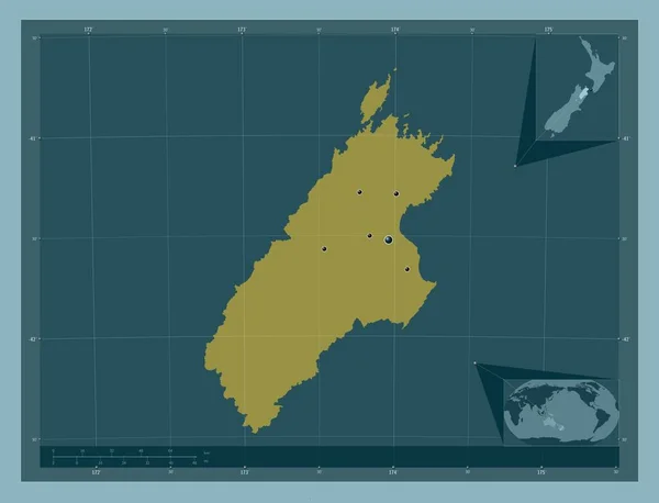 马尔博罗 新西兰的单一政权 固体的颜色形状 该区域主要城市的所在地点 角辅助位置图 — 图库照片