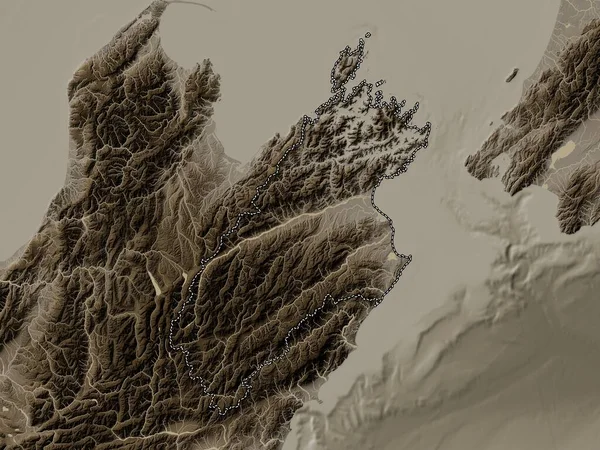 Marlborough Einheitsbehörde Neuseelands Höhenkarte Sepiatönen Mit Seen Und Flüssen — Stockfoto