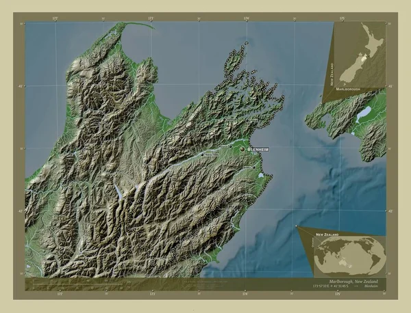 马尔博罗 新西兰的单一政权 用Wiki风格绘制的带有湖泊和河流的高程地图 该区域主要城市的地点和名称 角辅助位置图 — 图库照片