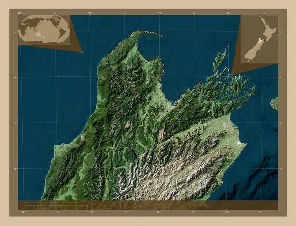 ネルソン ニュージーランドの統一当局 低解像度衛星地図 地域の主要都市の場所 コーナー補助位置図 — ストック写真