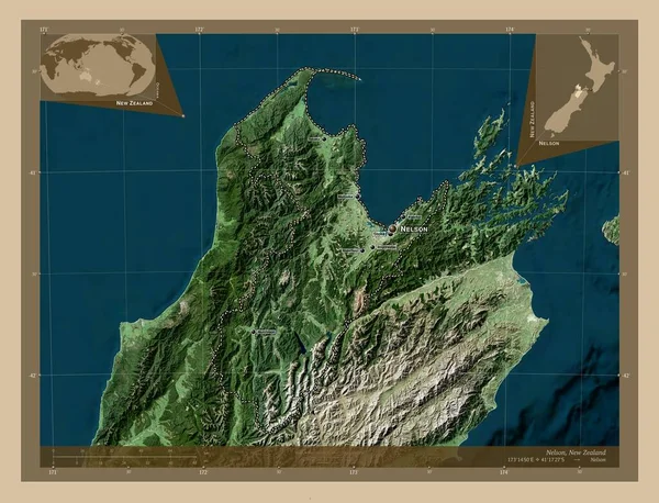 ネルソン ニュージーランドの統一当局 低解像度衛星地図 地域の主要都市の位置と名前 コーナー補助位置図 — ストック写真