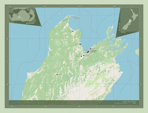 ネルソン ニュージーランドの統一当局 ストリートマップを開く 地域の主要都市の位置と名前 コーナー補助位置図 — ストック写真
