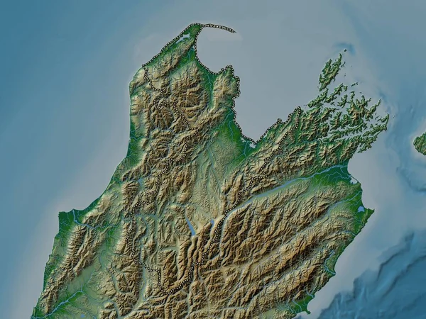 ネルソン ニュージーランドの統一当局 湖や川と色の標高マップ — ストック写真