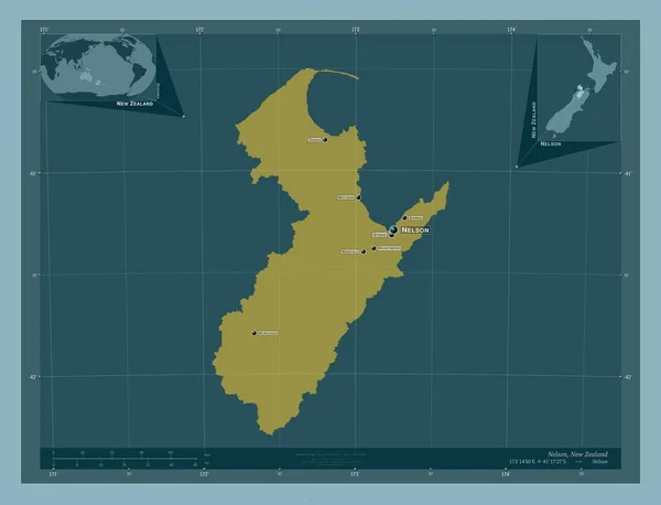 ネルソン ニュージーランドの統一当局 しっかりした色の形 地域の主要都市の位置と名前 コーナー補助位置図 — ストック写真