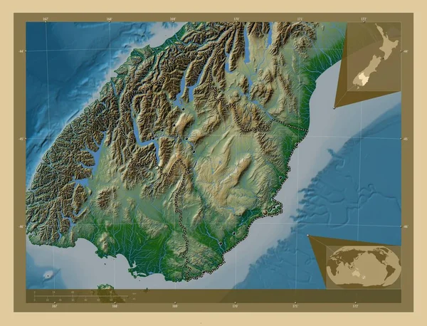 Отаго Региональный Совет Новой Зеландии Цветная Карта Высоты Озерами Реками — стоковое фото