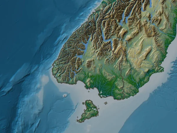 Southland Regionalna Rada Nowej Zelandii Kolorowa Mapa Wzniesień Jeziorami Rzekami — Zdjęcie stockowe