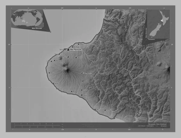 Taranaki Zéland Regionális Tanácsa Szürkeárnyas Térkép Tavakkal Folyókkal Régió Nagyvárosainak — Stock Fotó