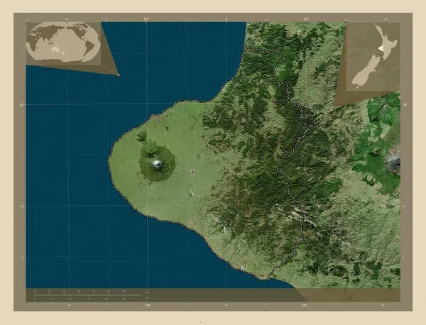 Taranaki 新西兰区域理事会 高分辨率卫星地图 角辅助位置图 — 图库照片