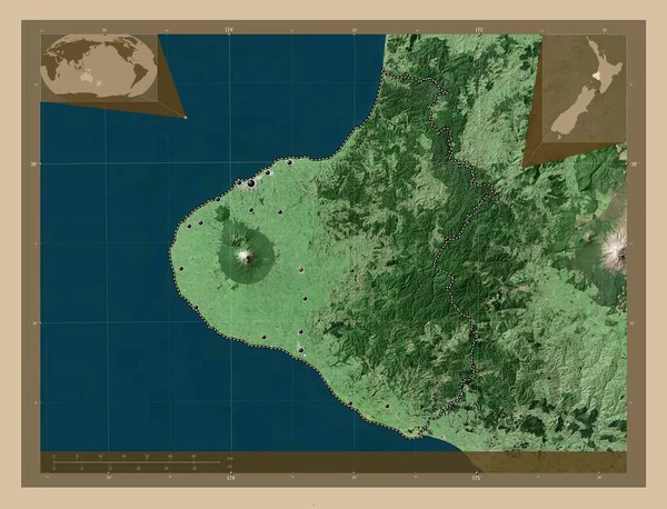 Taranaki 新西兰区域理事会 低分辨率卫星地图 该区域主要城市的所在地点 角辅助位置图 — 图库照片