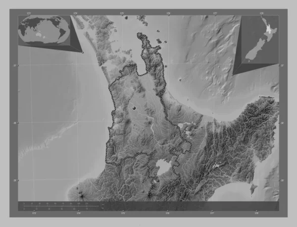 Waikato 新西兰区域理事会 带有湖泊和河流的灰度高程图 角辅助位置图 — 图库照片