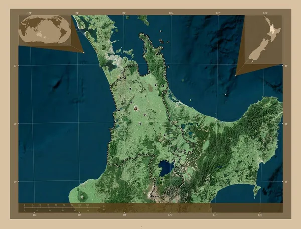 ワイカト ニュージーランドの地方議会 低解像度衛星地図 地域の主要都市の場所 コーナー補助位置図 — ストック写真