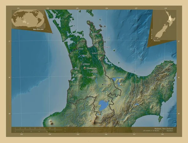 Waikato Consejo Regional Nueva Zelanda Mapa Elevación Colores Con Lagos —  Fotos de Stock