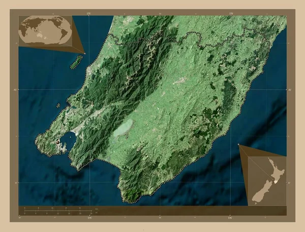 惠灵顿 新西兰区域委员会 低分辨率卫星地图 角辅助位置图 — 图库照片