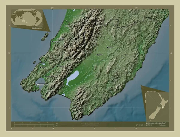 ニュージーランド地方議会議員 湖や川とWikiスタイルで着色された標高マップ 地域の主要都市の位置と名前 コーナー補助位置図 — ストック写真
