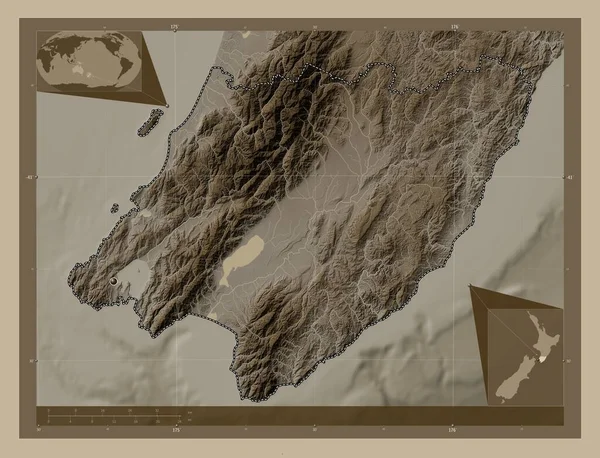 Ουέλινγκτον Περιφερειακό Συμβούλιο Νέας Ζηλανδίας Υψόμετρο Χάρτη Χρωματισμένο Τόνους Σέπια — Φωτογραφία Αρχείου