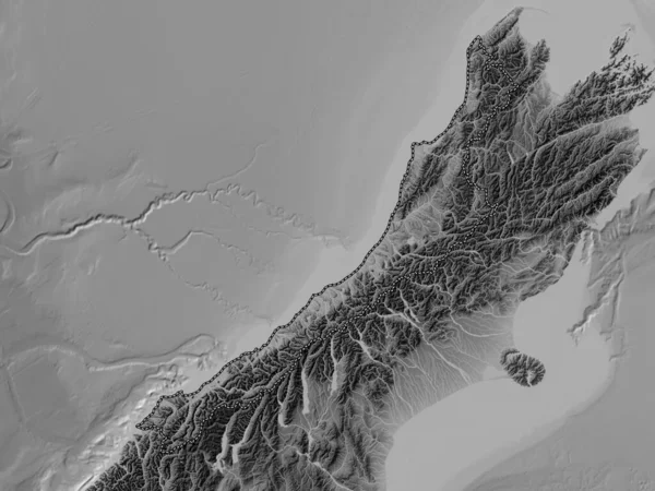 西海岸 新西兰区域委员会 带有湖泊和河流的灰度高程图 — 图库照片