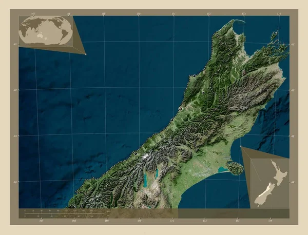 西海岸 新西兰区域委员会 高分辨率卫星地图 该区域主要城市的所在地点 角辅助位置图 — 图库照片