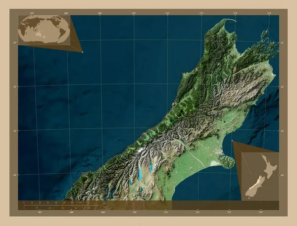 西海岸 ニュージーランドの地域評議会 低解像度衛星地図 コーナー補助位置図 — ストック写真