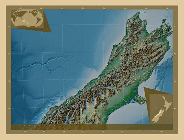 Західне Узбережжя Регіональна Рада Нової Зеландії Кольорові Карти Висот Озерами — стокове фото