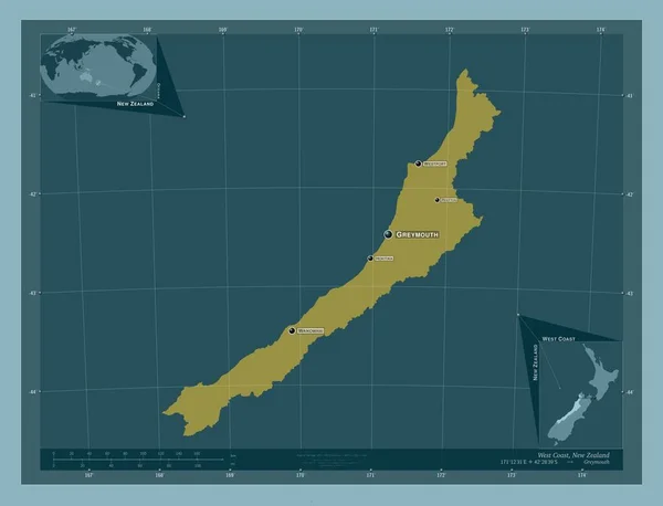 Westküste Regionalrat Von Neuseeland Einfarbige Form Orte Und Namen Der — Stockfoto