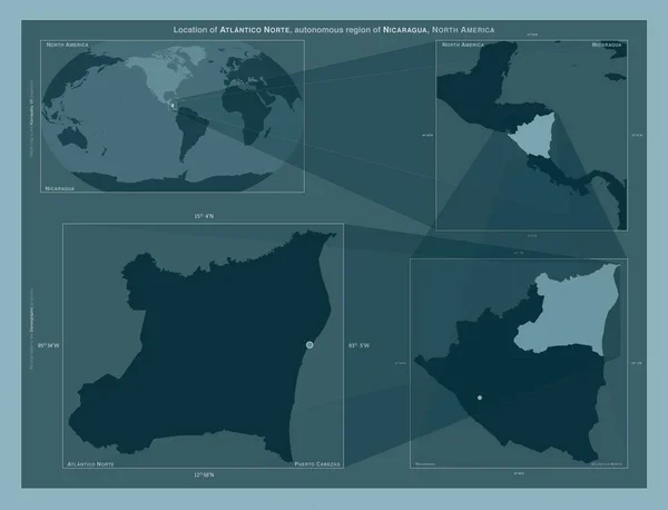 尼加拉瓜北部大西洋沿岸自治区 在大比例尺地图上显示该区域位置的图表 坚实背景下矢量框架和Png形状的组成 — 图库照片