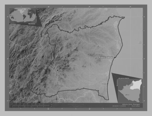 Atlantico Norte Autonomous Region Nicaragua Grayscale Elevation Map Lakes Rivers — Stock Photo, Image